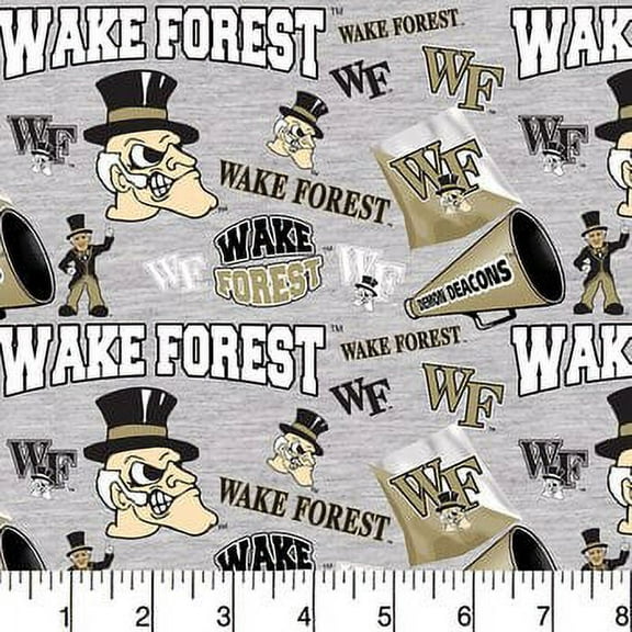 Wake Forest Cotton Fabric on Heather Grey ground with Mascots