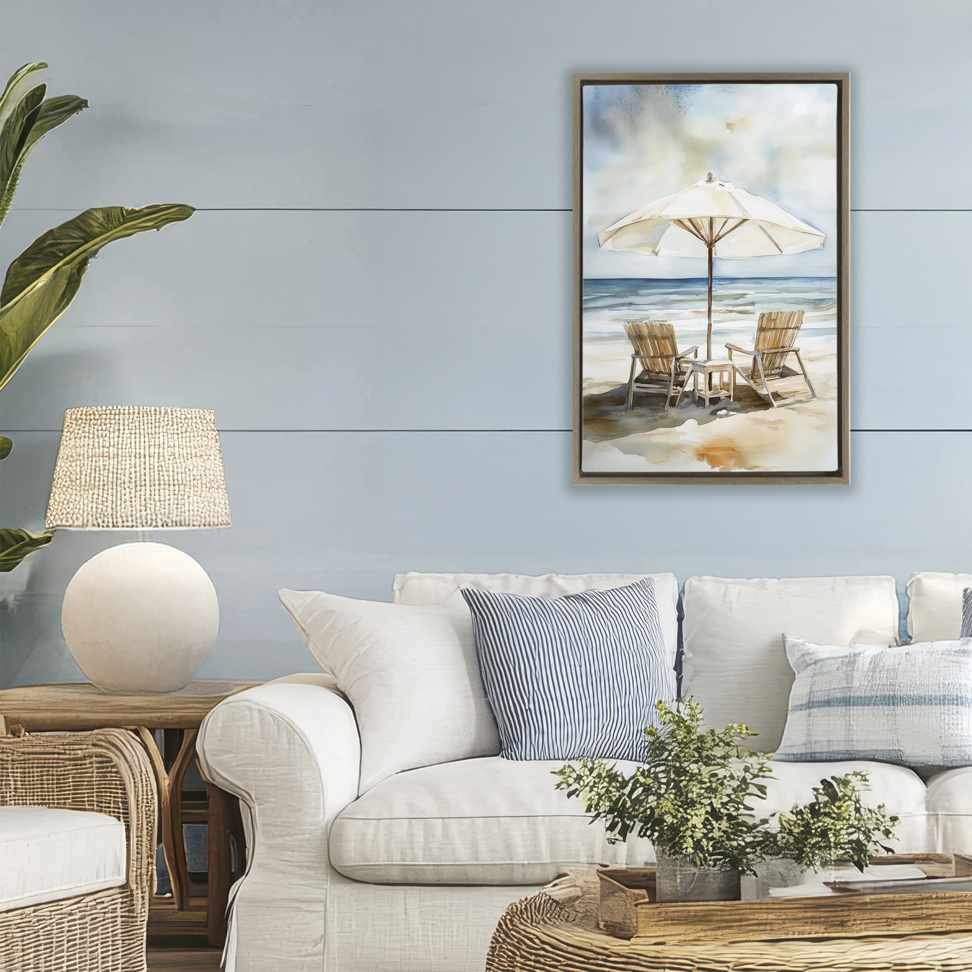 Stupell Industries Watercolor Paradise Beach Scene Brown Framed Floater Canvas Wall Art, design by Petal Prints Design