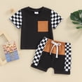 thumbnail image 2 of Bagilaanoe 2pcs Toddler Baby Boyl Shorts Set Short Sleeve Checkerboard T Shirt Tops + Patchwork Shorts 6M 12M 18M 24M 3T Kids Casual Summer Clothes, 2 of 8