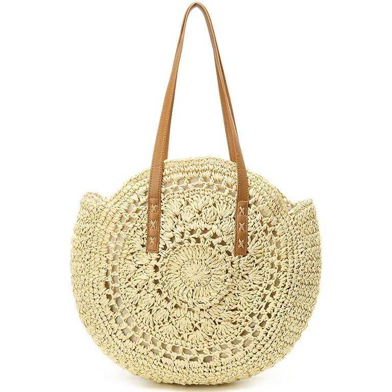 CoCopeaunts Straw Bag Round Summer Straw Large Woven Beach Bag Purse For Women Vocation Tote Handbags With Pom Poms Walmart