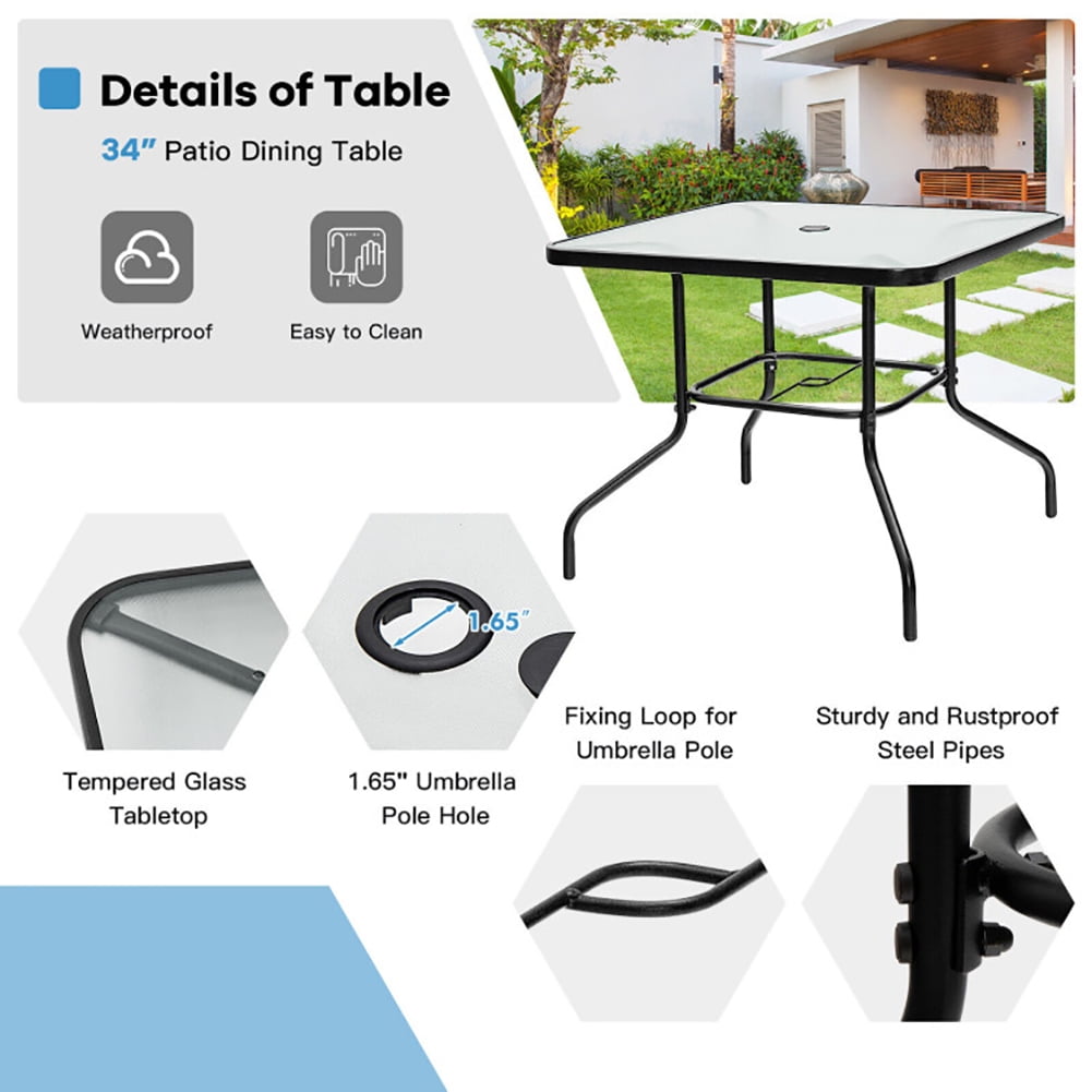 Aimee Lii 35" Patio Dining Square Tempered Glass Table with Umbrella Hole, Outdoor Patio Furniture Aimee Lii 35" Patio Dining Square Tempered Glass Table with Umbrella Hole, Outdoor Patio Furniture