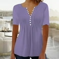thumbnail image 4 of WTXUE T-Shirts Short Sleeve, Slit Neck Shirts for Women's Pleated Button Open Loose T Shirt Top Solid | Casual for Women Purple XL, 4 of 5