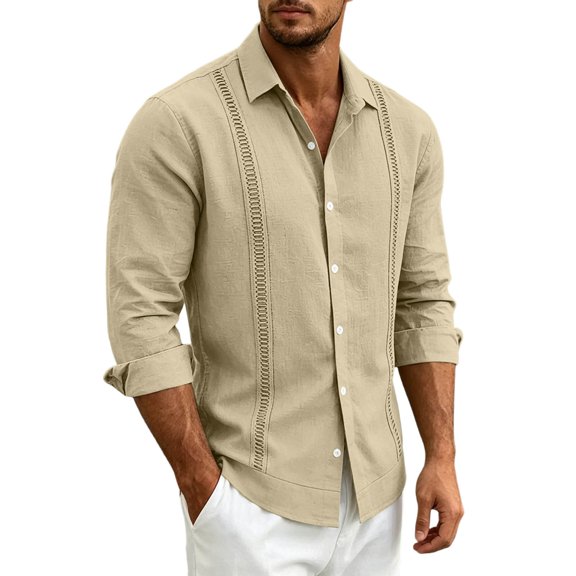 Guayabera Linen Shirts for Men Short Sleeve Button Down Shirt Hawaiian Shirt Hippie Summer Beach Vacation Shirts Khaki XL