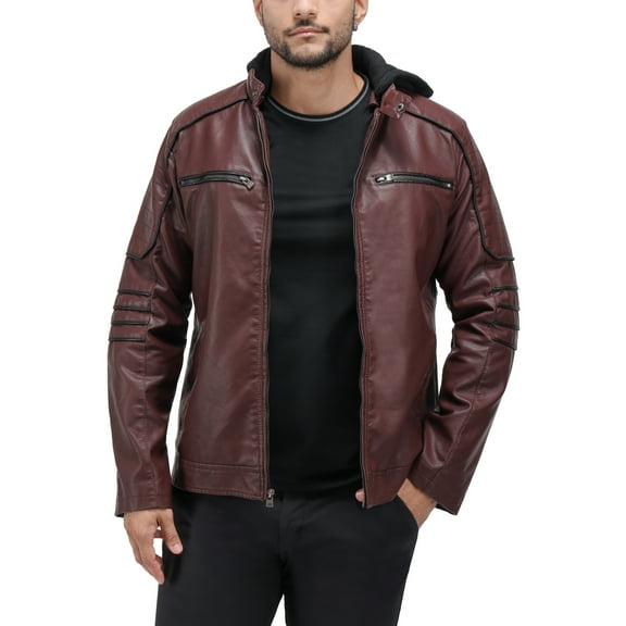 X RAY Jeans Mens Grainy PU Moto Jacket with Hood and Faux Shearling Lining, Burgundy/Black, M