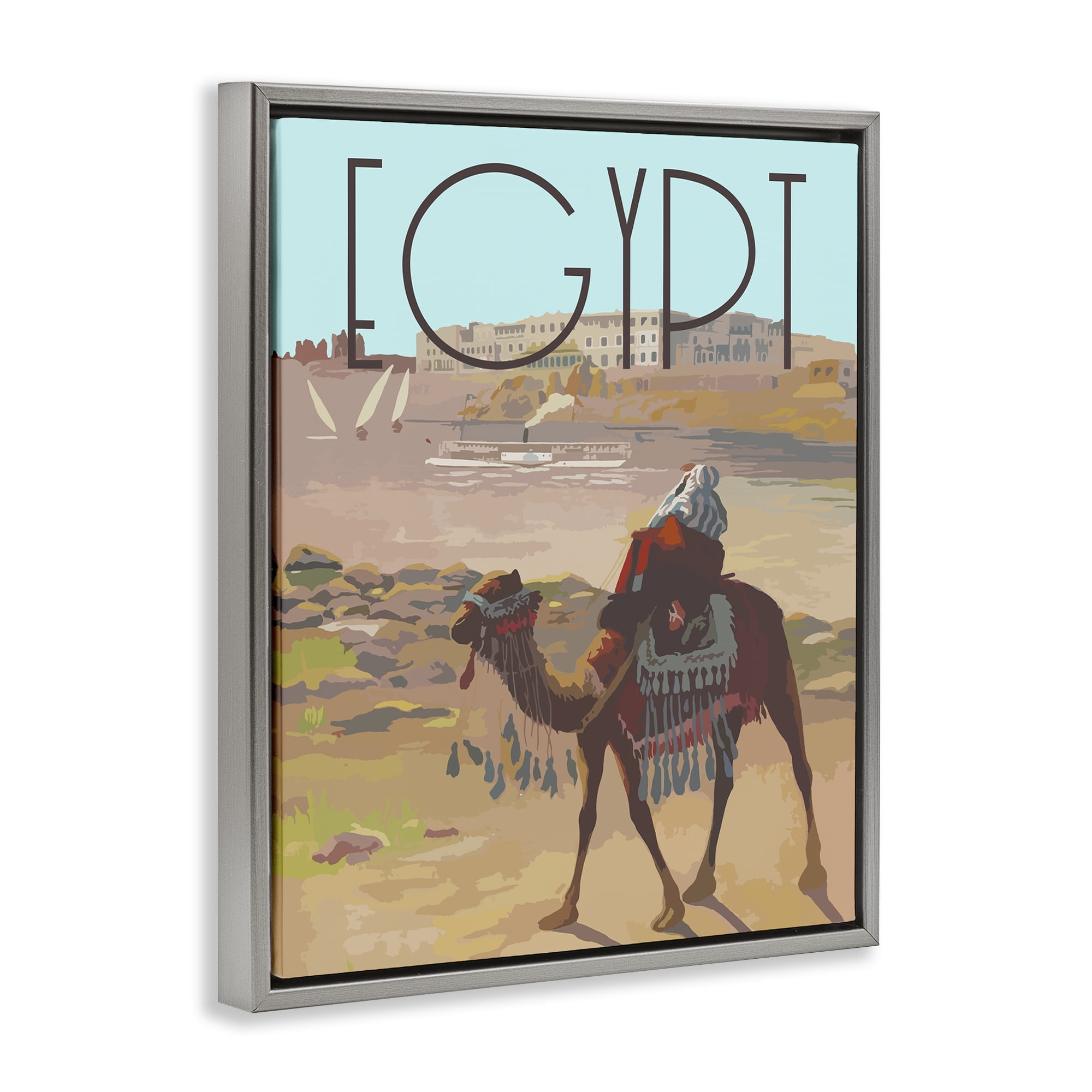 Stupell Industries Egypt Camel Scene Landscape & Nature Painting Gray Floater Framed Canvas Art Print Wall Art, 25 x 31
