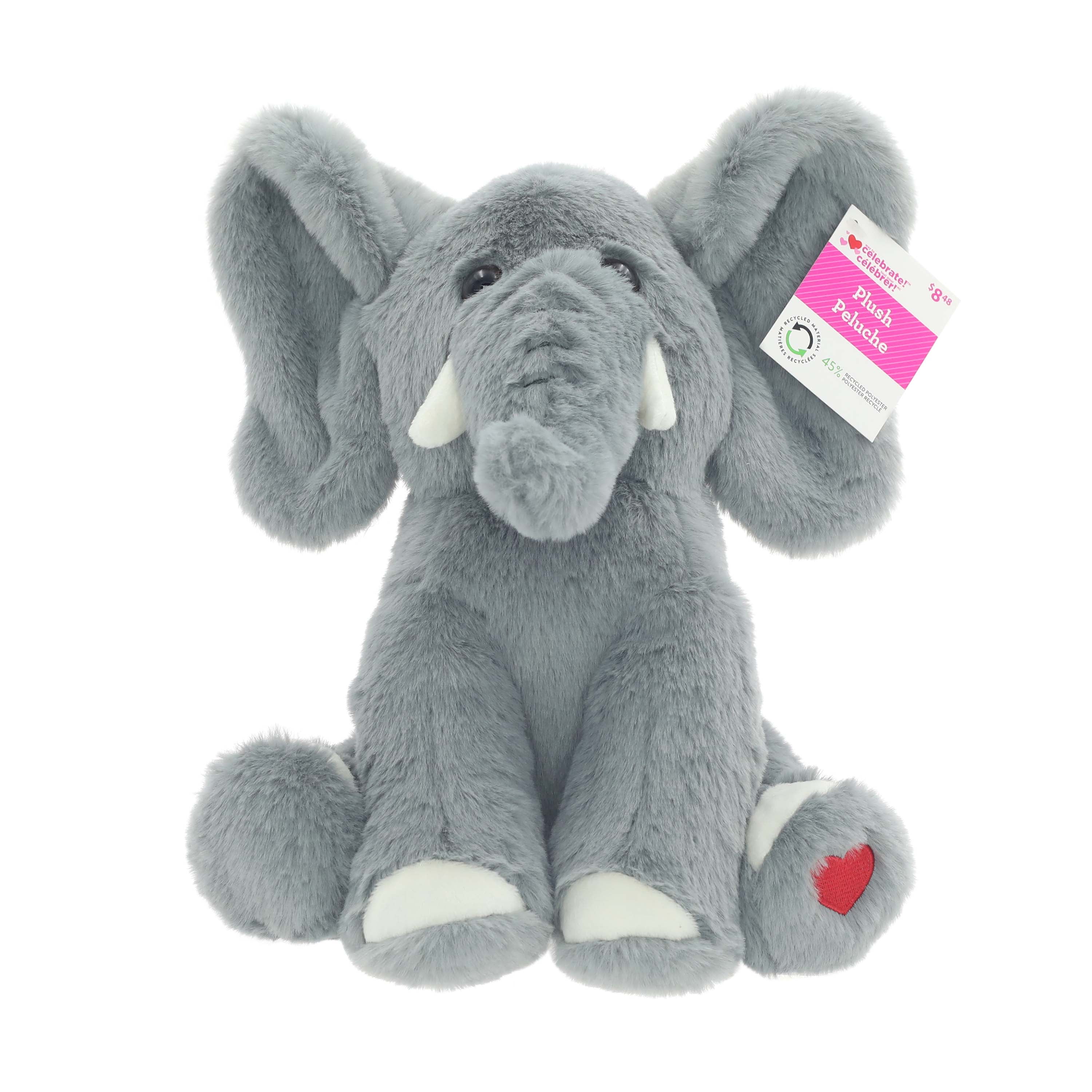 Grey Elephant 9.5-Inch Plush Stuffed Animal with Heart-Print Foot for Valentine's Day
