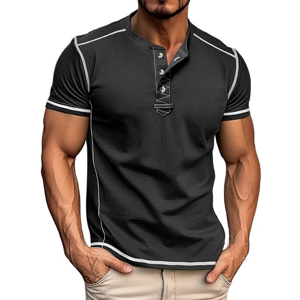 pstuiky camisetas de hombre, Camiseta de manga corta con cuello redondo y botones versátiles de color liso para hombre camisas casuales para hombre xl