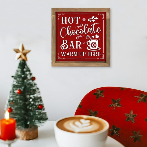Wepagview Wooden Hot Chocolate Bar Sign, 8" Red Christmas Coffee Bar Decor, Holiday Decorative Signage Indoor Table Shelf Desk Mantel Tiered Tray Wall Art Kitchen Rustic Farmhouse Home Decorations