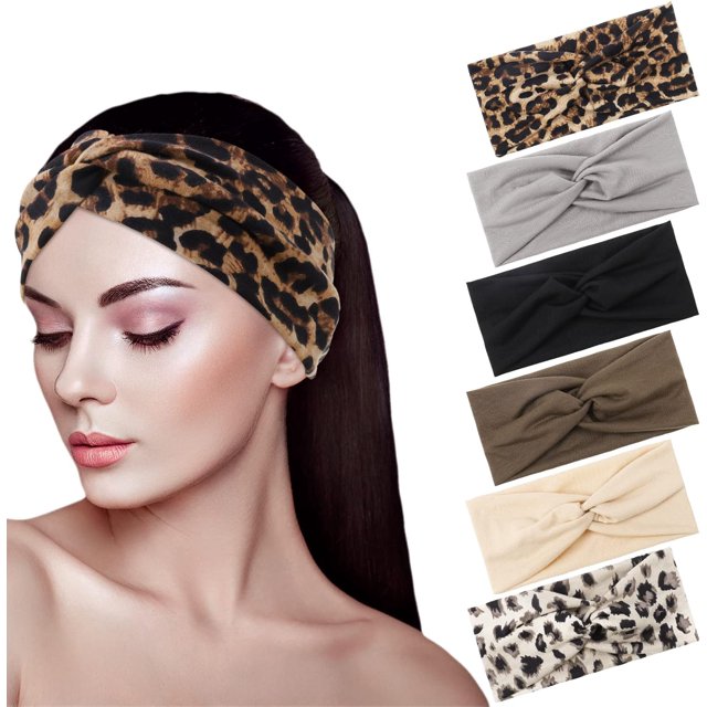 Paquete de 6 diademas para mujer, anchas y suaves, estilo bohemio, bandanas con estampado de leopardo, diademas anudadas a la moda para mujeres adultas, accesorios para el cabello