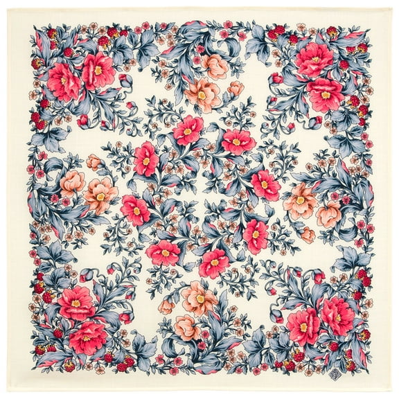 Pavlovo Posad Flowers Wool Shawl 28.3x28.3'' (72x72 cm) 100% Wool Wrap Fashion Shawl for Women Floral Wool Scarf, Pink and Blue