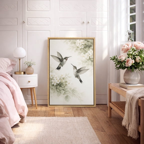 Framed Canvas Print Hummingbird Wall Art Boho Decorative for Living Room Bedroom - 16"x24" NATURAL
