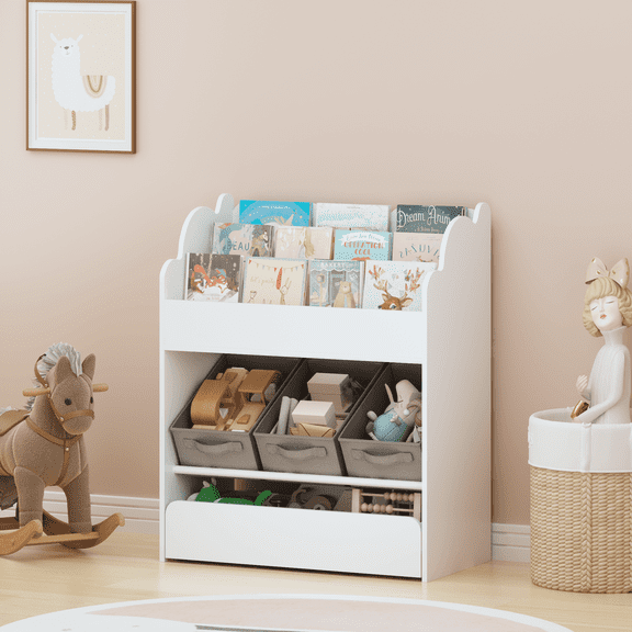 LUMAMIN Kids Bookshelf with Storage Bins and Drawer, Wooden Book Organizer for Toddlers, Multi-Functional Bookcase for Toys and Books in Nursery or Playroom, White