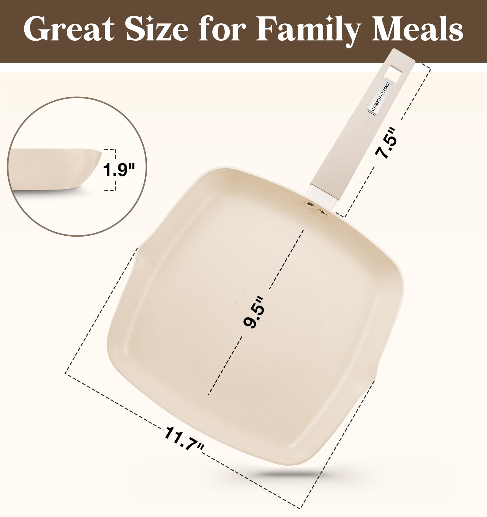 Koch Systeme CS 11 inch Nonstick Grill Pan for Stove Tops, Square Frying Pan with Lid, Ultimate Ceramic Coating Grill Skillet with Bakelite Handle, Cream White