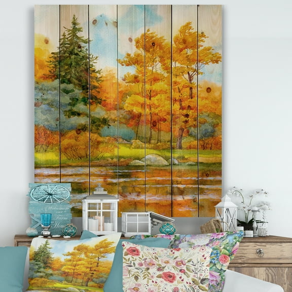 Designart 'Autumn Forest By The Lake Side I' Lake House Print on Natural Pine Wood