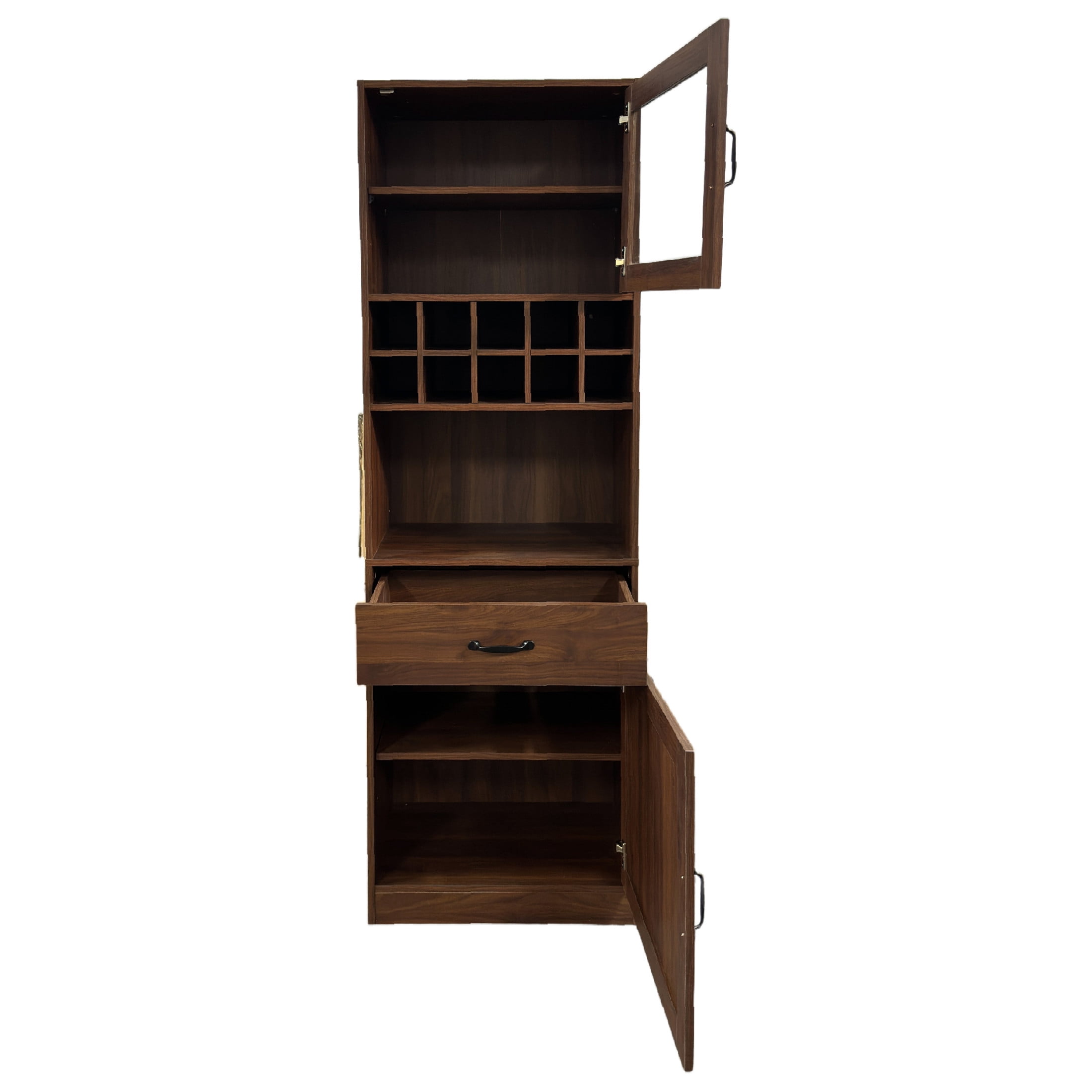 Noble House 70.87" Farmhouse Kitchen Pantry Cabinet with Glass Doors, 10-Bottle Wine Rack & Pull-Out Shelf, Walnut