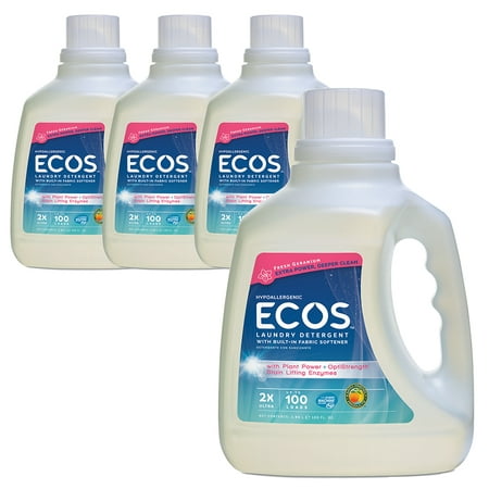 ECOS 2X Ultra Hypoallergenic Liquid, Fresh Geranium, Stain Lifting Enzymes, Earth Friendly Laundry Detergent 100 Oz, 100 Loads (Pack Of
