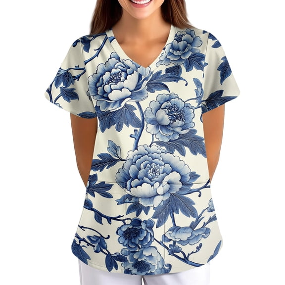 Women's Scrub Tops Loose Fit V Neck Short Sleeve Pocketed Daily Tops