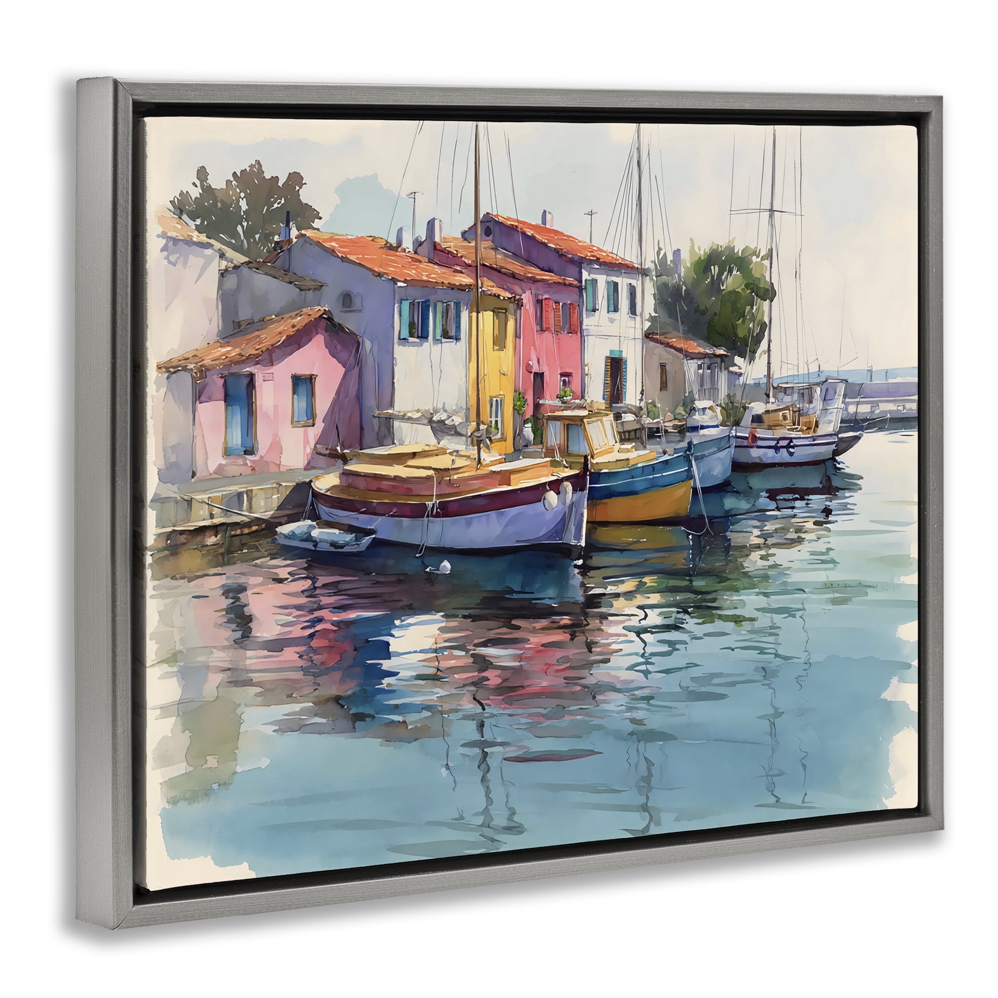 Stupell Industries Colorful Docks Harbor Gray Framed Floater Canvas Wall Art, design by Franklyn Gregory