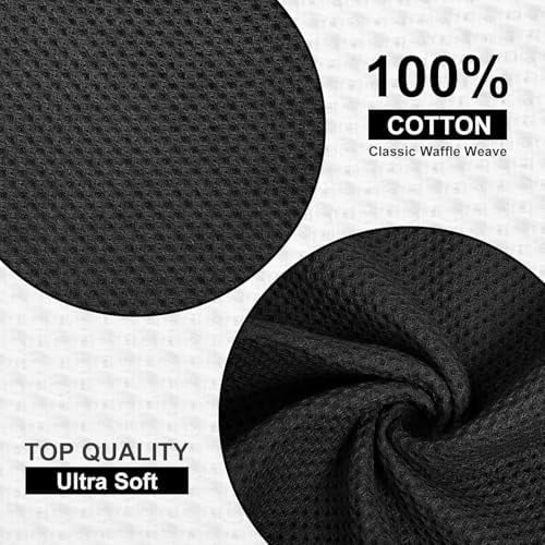 Kitchen Towels and Dishcloths Set, 12 x 12 and 13 x 28 Inches, Set of 12 100% Cotton Waffle Weave Kitchen Towels, Super Soft and Absorbent Dish Cloths, Black