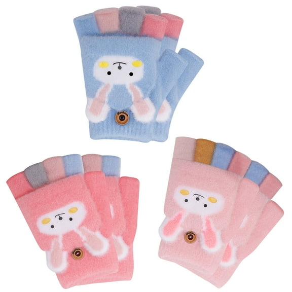 Bocaoying 3 Pcs Winter Kid Fingerless Gloves, Toddler Elastic Cute Rabbit Finger Mittens, Knit Convertible Half Finger Mittens for Boys Girls 5-10 Years, Soft Knit Lining, Blue/Pink, One Size