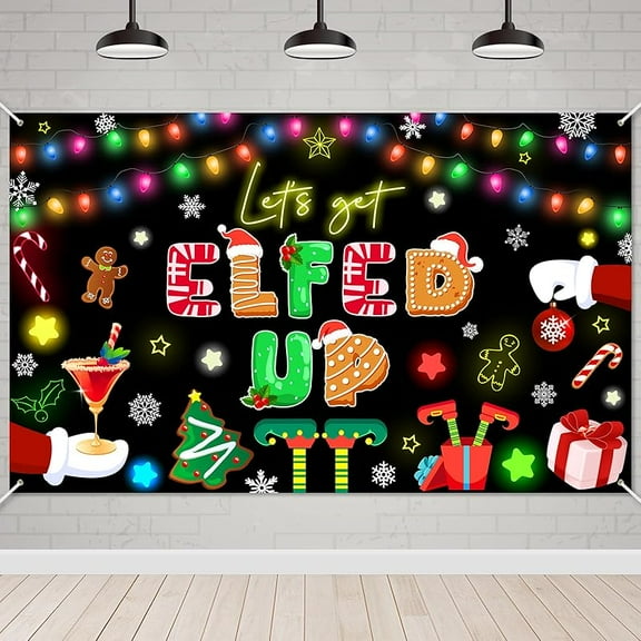 Let's Get Elfed Up Backdrop Xmas Kids Elfed Party Decorations Banner Elf Christmas Birthday Photography Background Winter Holiday Party Decoration Banner (6x3.6ft)