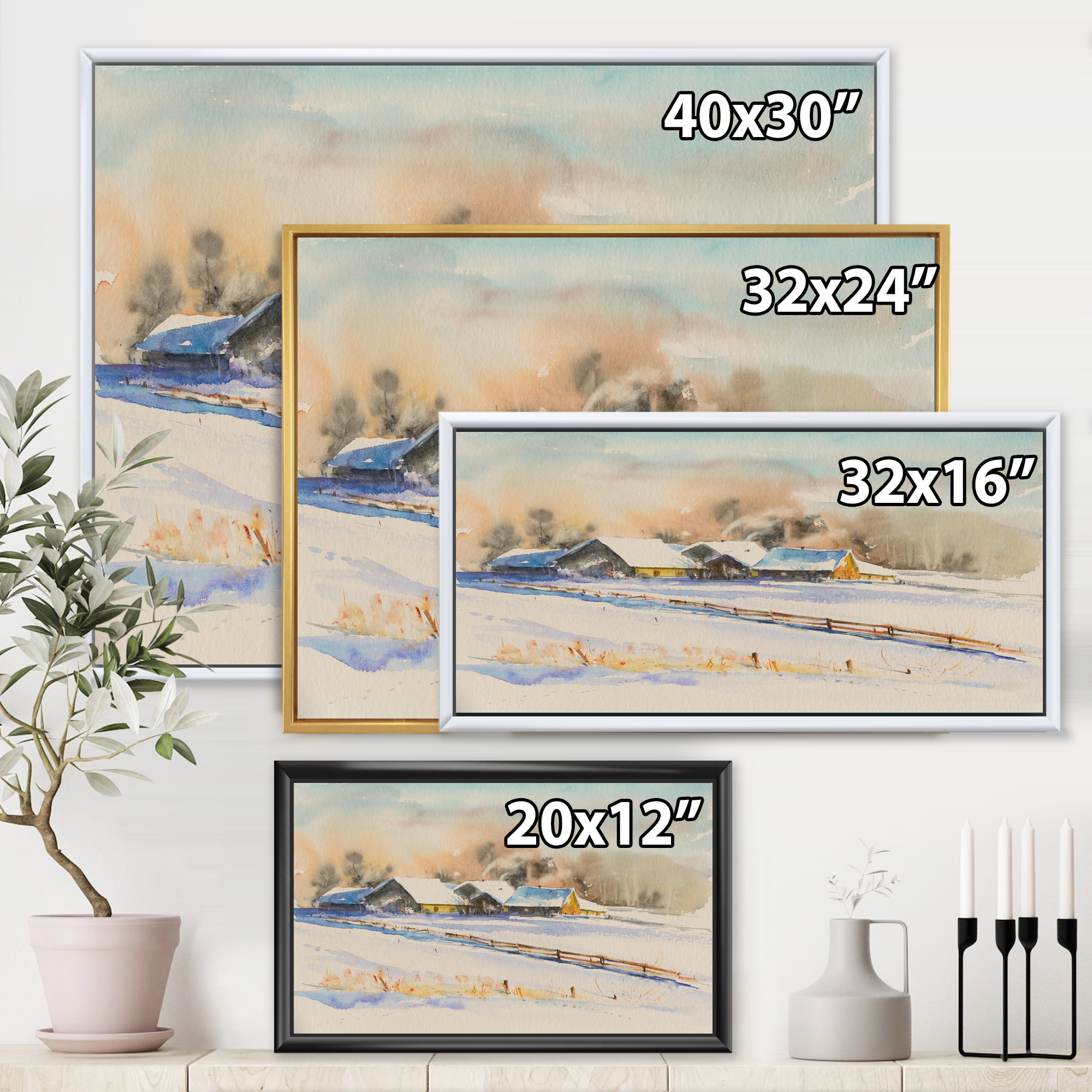 Small VIllage At Evening Covered With Snow 32 in x 16 in Framed Photography Canvas Art Print, by Designart