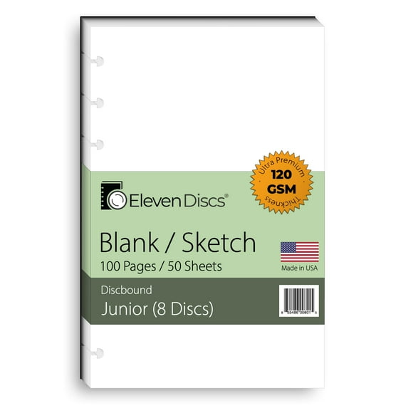 Eleven Discs Feuilles Vierges Format Junior - Recharges Premium 120gsm pour Carnet et Planificateur - 8 Disques, 5.5 x 8.5 Po - Perforées pour Circa, Arc, TUL (50 Feuilles)