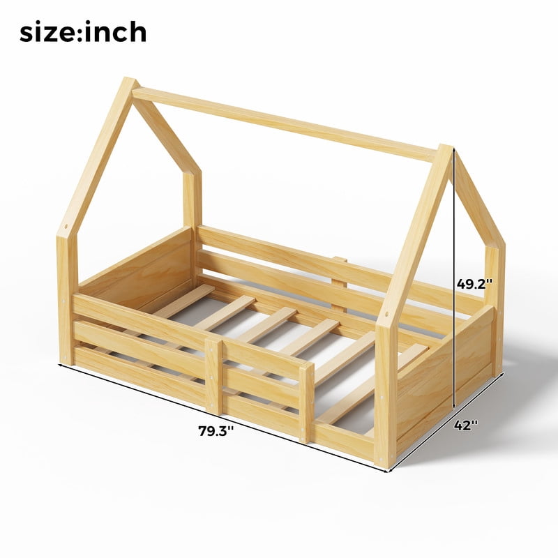 Twin Size Kids House Floor Bed, Wooden Platform Bed Frame with Open Roof Frame, Child Bed with Fence Guardrails