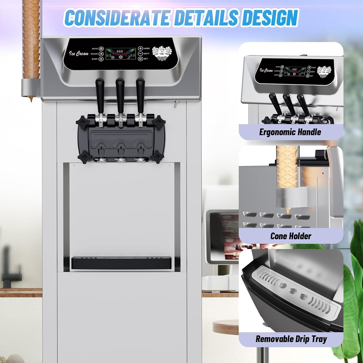 Sakiyr Commercial Ice Cream Maker Machine, 5.8-8 Gal/Hr Yield,2+1 Flavors Soft Serve Machine with Two 7L Hoppers, LCD Touch Screen, Automatic Cleaning for Home Snack Bar & Restaurants