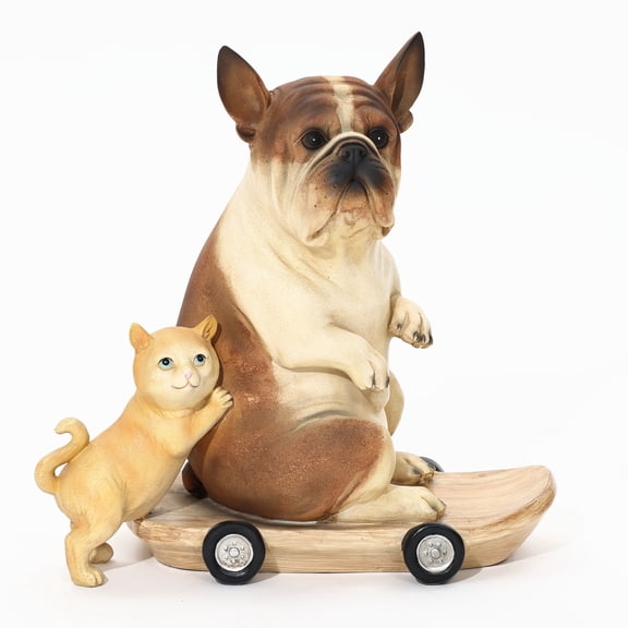 LuxenHome Kitten and Dog with Skateboard Sculpture Resin Statue