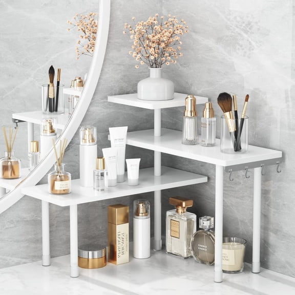 3-Tier White bamboo Shelf Organizer, Adjustable & Removable Shelves for Kitchen Counter, Bathroom Vanity | Freestanding Storage Rack with Easy Assembly, Space-Saving
