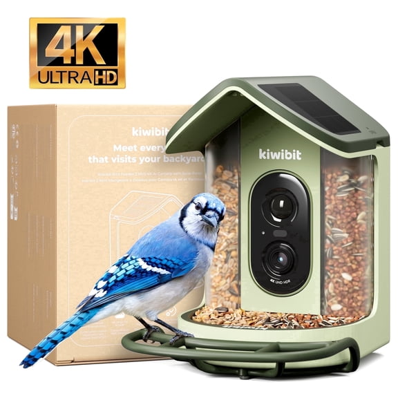 Kiwibit Solar Smart Bird Feeder Mini with Camera, 4K HDR, AI Identifies 10000 Species, 1080P Slow Motion, Easy Setup,Green