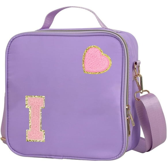 shiyou-Insulated Nylon Lunch Box for Girls, Kids, and Women-Stylish Purple Preppy Large Lunch Bag with Adjustable Strap (Letter I), Tote for School, Travel, and Picnics-Ideal Preppy Stuff Choice