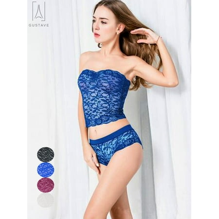 GustaveDesign Women plus size Sexy Lingerie  Two-Piece Lace Babydoll Bra and Panty Sleepwear Sets  Fashion Lace Flower Nightwear  Blue  2XL