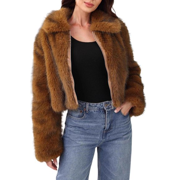 WRKEKC Jackets for Women Trendy Solid Color Collared Faux Fur Long Sleeve Coat Elegant Casual Outerwear Top for Daily Wear