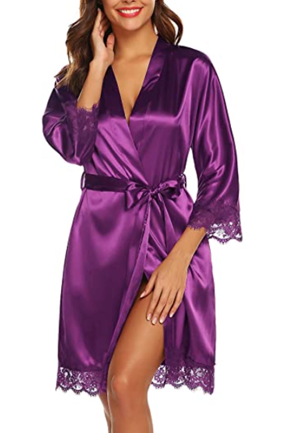 Details about   Womens Short Satin Pure Color Bathrobe Kimono Nightgown Silky Pajama Gown