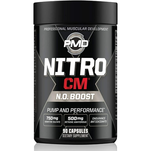 PMD Sports Nitro cm - Nitric Oxide with Agmatine Pre Workout Supplement - Muscle Growth Pre-Workout with L Arginine - Endurance Boost for Hardcore Exercise, Training, and Bodybuilding - (90 Capsules)