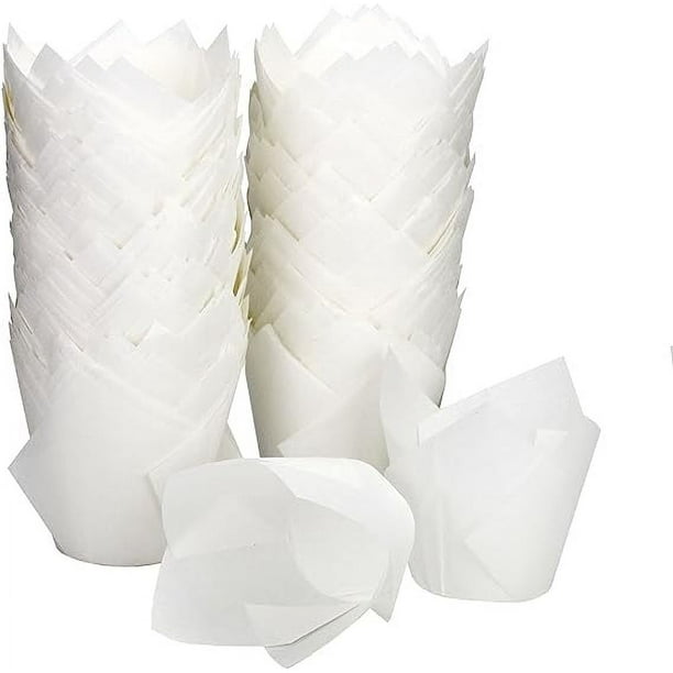 Zhuge 200 piezas de envoltorios para cupcakes con forma de tulipán, moldes para hornear de papel a prueba de grasa estándar, soportes para envoltorios de muffins(blanco)