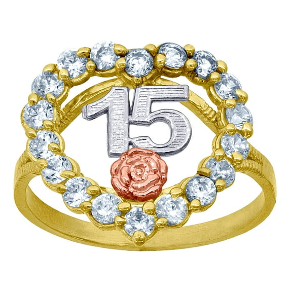 10k Gold Womens Tri-color Cubic Zirconia 15 Anos Flower Quinceanera Band Ring Ring for Women and Men