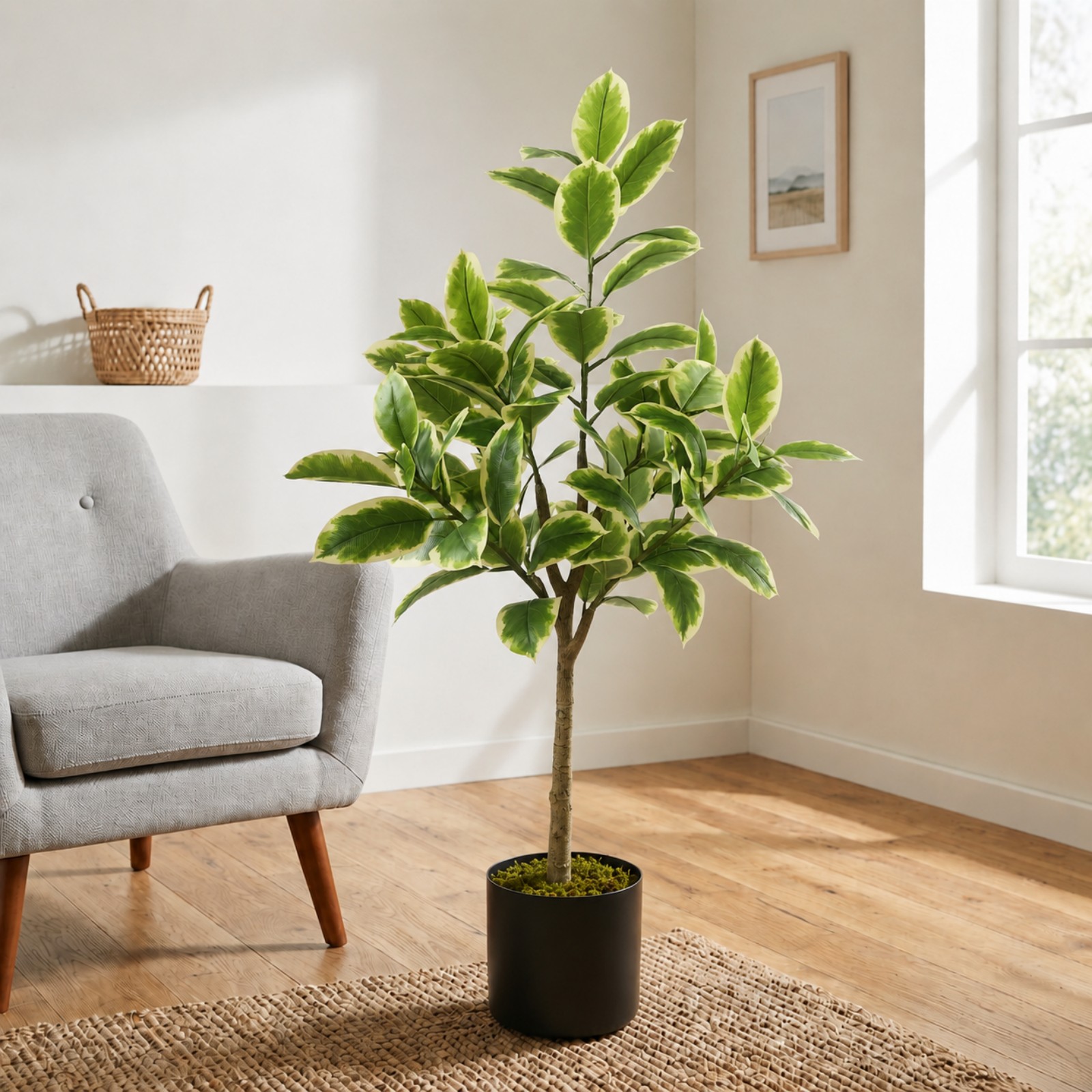 BEAUTYPEAK 5.6FT Artificial Plant Fake Indoor Rubber Tree Decorative Outdoor Greenery in Black Pot