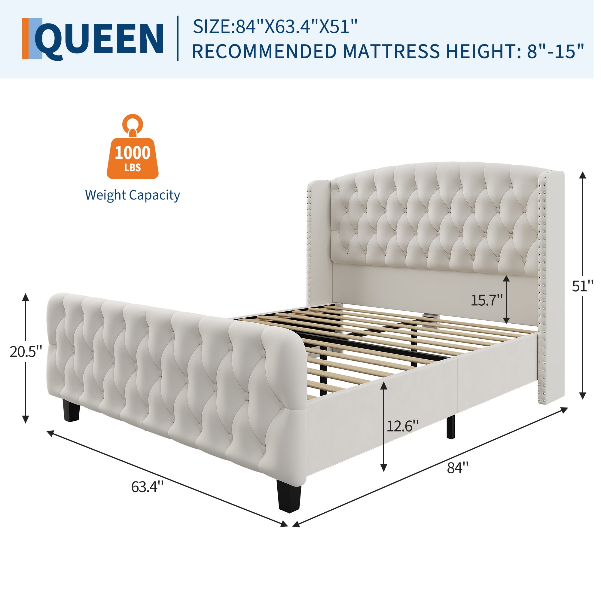 Modern Home Bedroom Queen/King Size Bed Frame 51" Tall with Velvet Upholstered Wingback Headboard & Footboard | 51-Inch Tall Deep Button Tufted Platform Bed, No Box Spring Needed