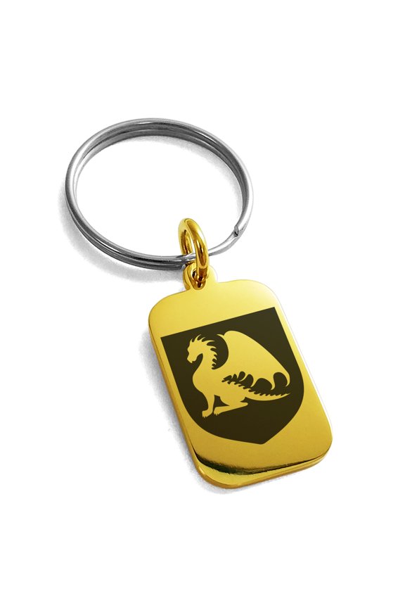 Stainless Steel Dragon Guardian Coat of Arms Shield Engraved Small Rectangle Dog Tag Charm Keychain Keyring