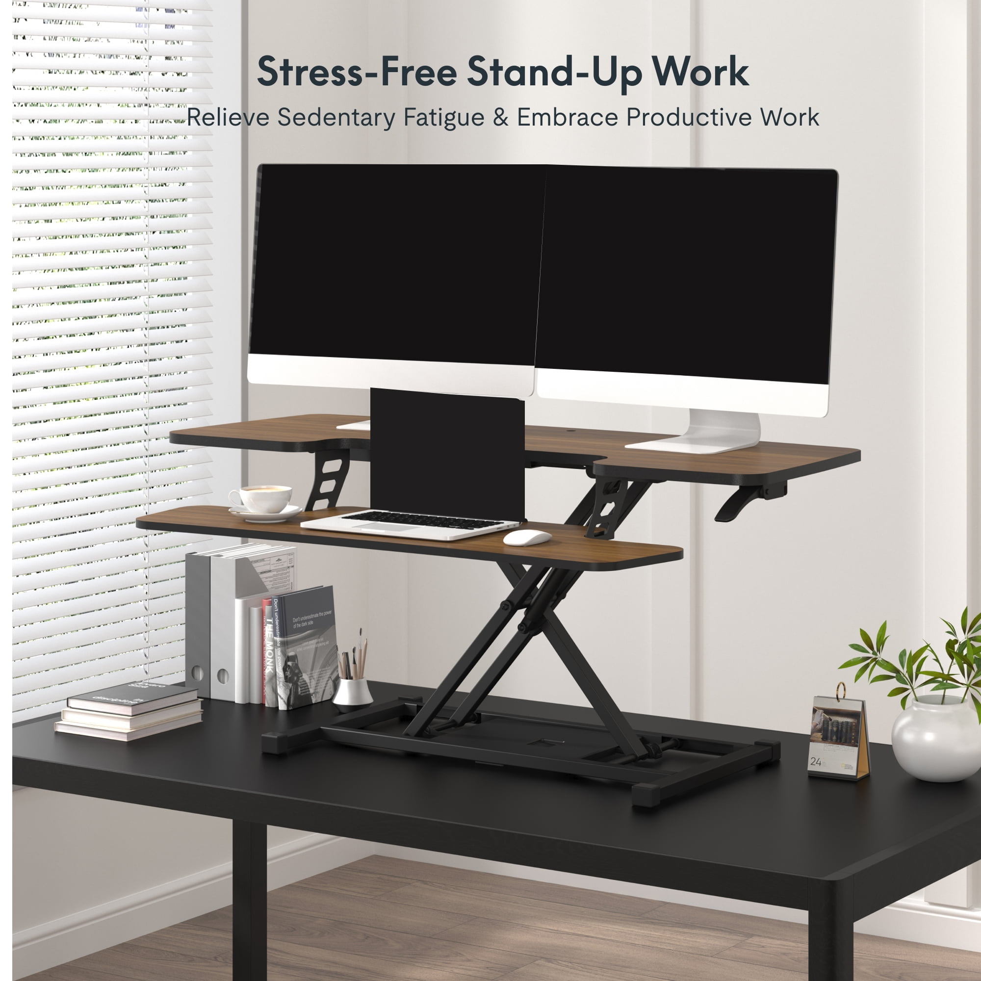 FitStand Home Office Height Adjustable Standing Desk Converter Walnut 42" U-Shape with Keyboard Tray