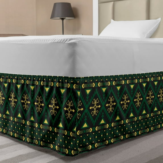 Boho Bed Skirt, Tribal Influenced Repetitive Pattern with Motifs and Shapes, Elastic Bedskirt Dust Ruffle Wrap Around for Bedding Decor, 4 Sizes, Charcoal Grey Mustard, by Ambesonne