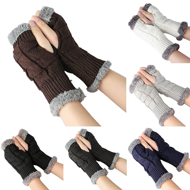 1 par de guantes de invierno cálidos de punto sin dedos para mujer, calentadores de brazos con orificio para el pulgar y manoplas