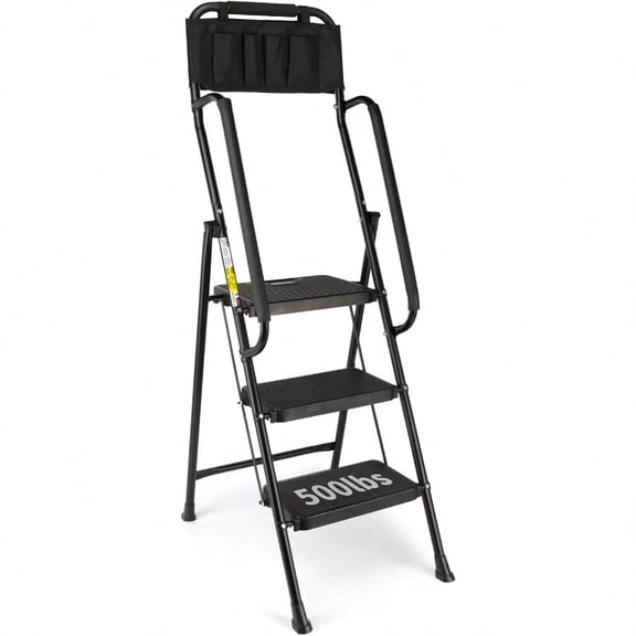 3 Step Ladder with Handrails500 Lbs Capacity Folding Step Stool Ladder with Attachable Tool Bag Lightweight Storage Step Ladder 3 Step Folding Multiuse for Home Kitchen Office Black