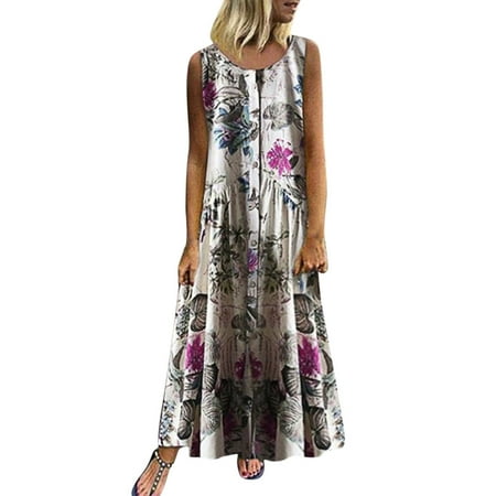 

jsaierl Casual Dresses for Women Plus Size Bohemian Floral Print Vintage Sleeveless Long Maxi Dresses for women 2023