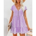 thumbnail image 2 of Women's Summer Chiffon Short Sleeve V Neck Dress Floral Button Down Ruffle Swing Boho Mini Dresses, 2 of 4