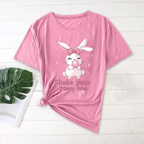 Odbmxy Short Sleeve Womens T Shirt Easter Holiday Womens Tops Plus Size Loose Pink Graphic Summer Leisure Cute Tops