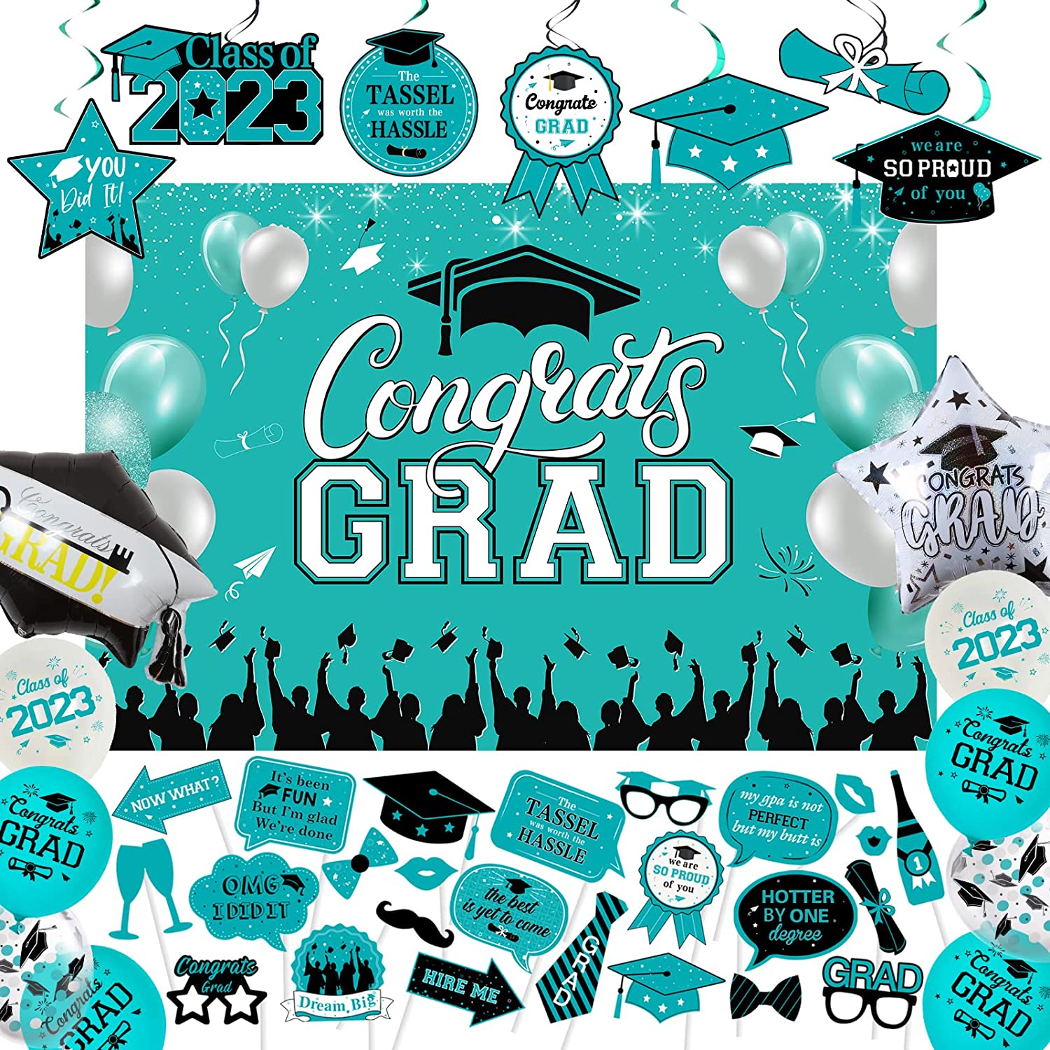 Graduation Decorations Teal and White, Congrats Grad Backdrop
